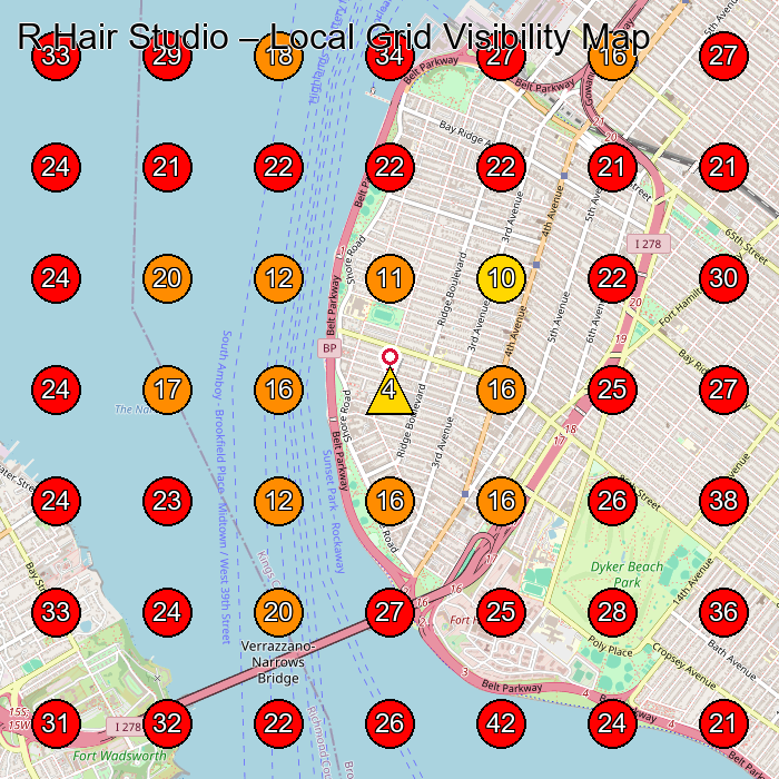 R Hair Studio GeoGrid visibility map for Hair Salon in Brooklyn